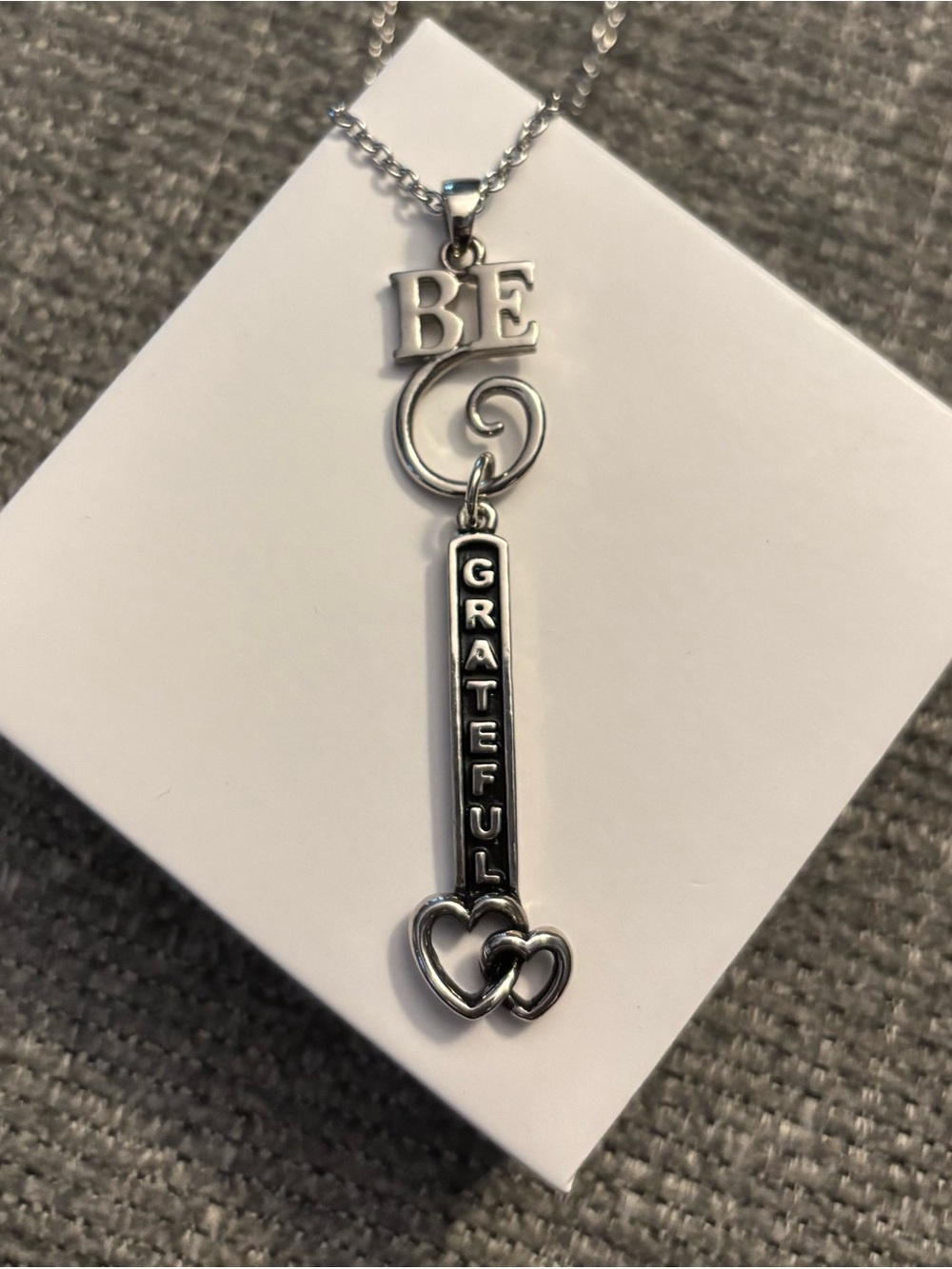 Silver 'Be Grateful' Pendant Necklace with Interlocking Hearts